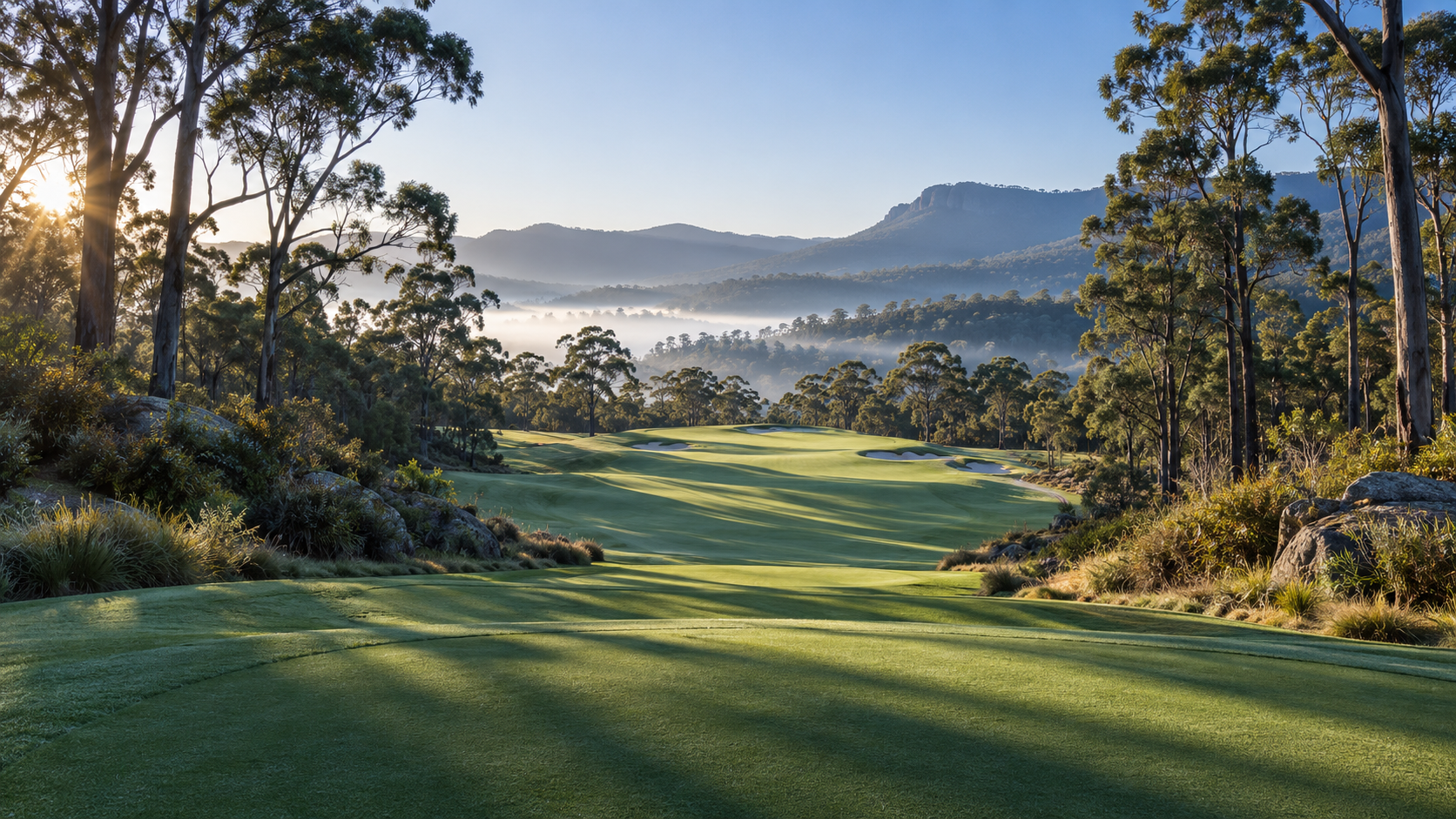 Sunlight across a tree-lined fairway. Illustrative golf setting.