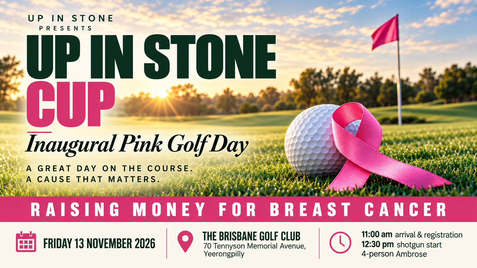 Up In Stone Cup. Inaugural Pink Golf Day. A great day on the course. A cause that matters. Golf ball and pink awareness ribbon on a sunlit fairway.