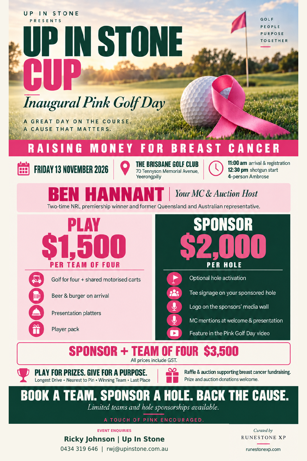 Up In Stone Cup flyer with Ben Hannant as MC and Auction Host, team and sponsorship packages, and booking contacts.